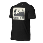 Side view of the Men's Pack Out Club Tee in Black Heather showing the Fearless Harbor antler sleeve emblem