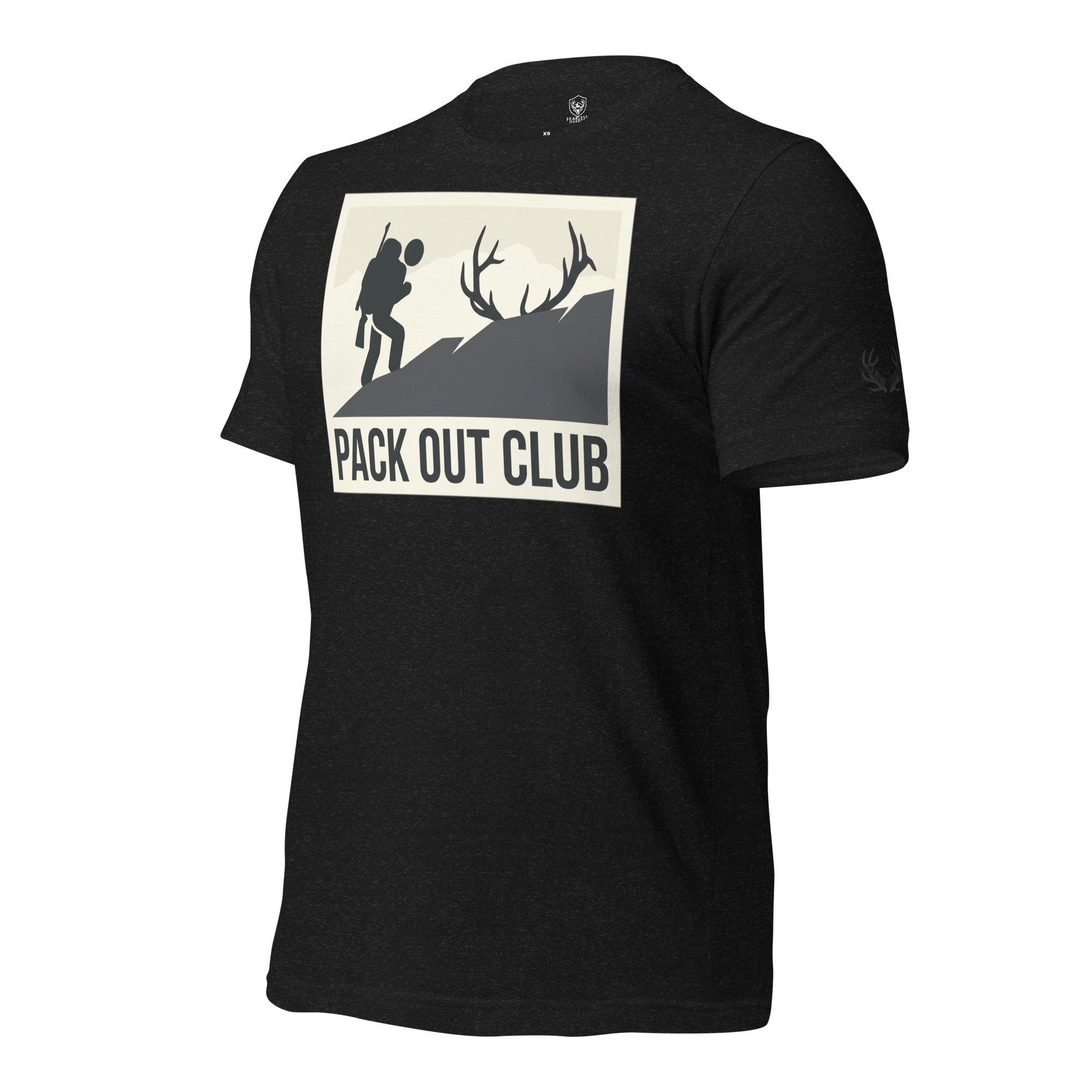 Side view of the Men's Pack Out Club Tee in Black Heather showing the Fearless Harbor antler sleeve emblem
