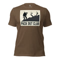 Front view of the Men's Pack Out Club Tee in Heather Brown with pack out hiker design inspired by western elk hunting pack outs