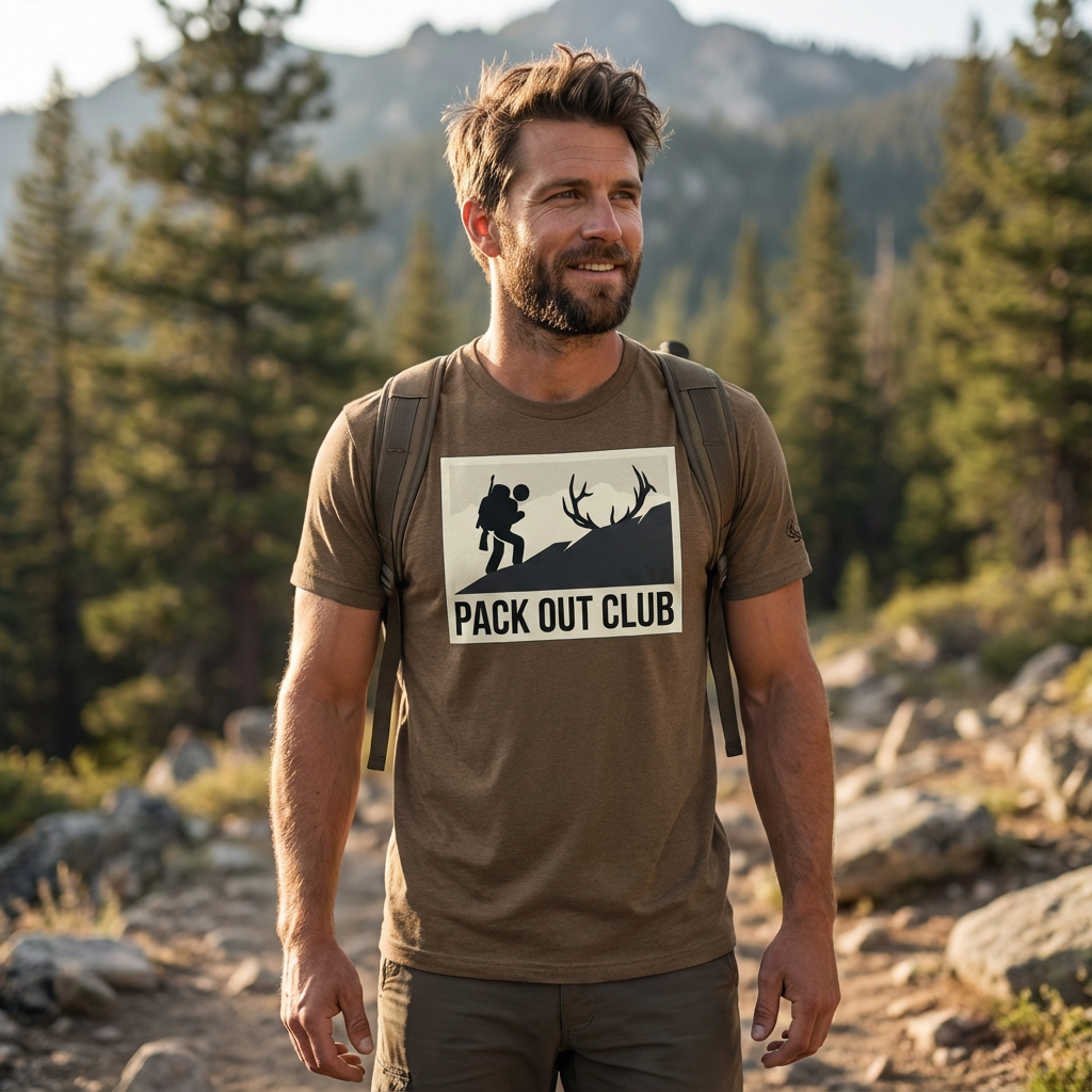 Man outdoors wearing the Men's Pack Out Club Tee in Heather Brown front view showing the pack out hiker graphic inspired by elk country pack outs