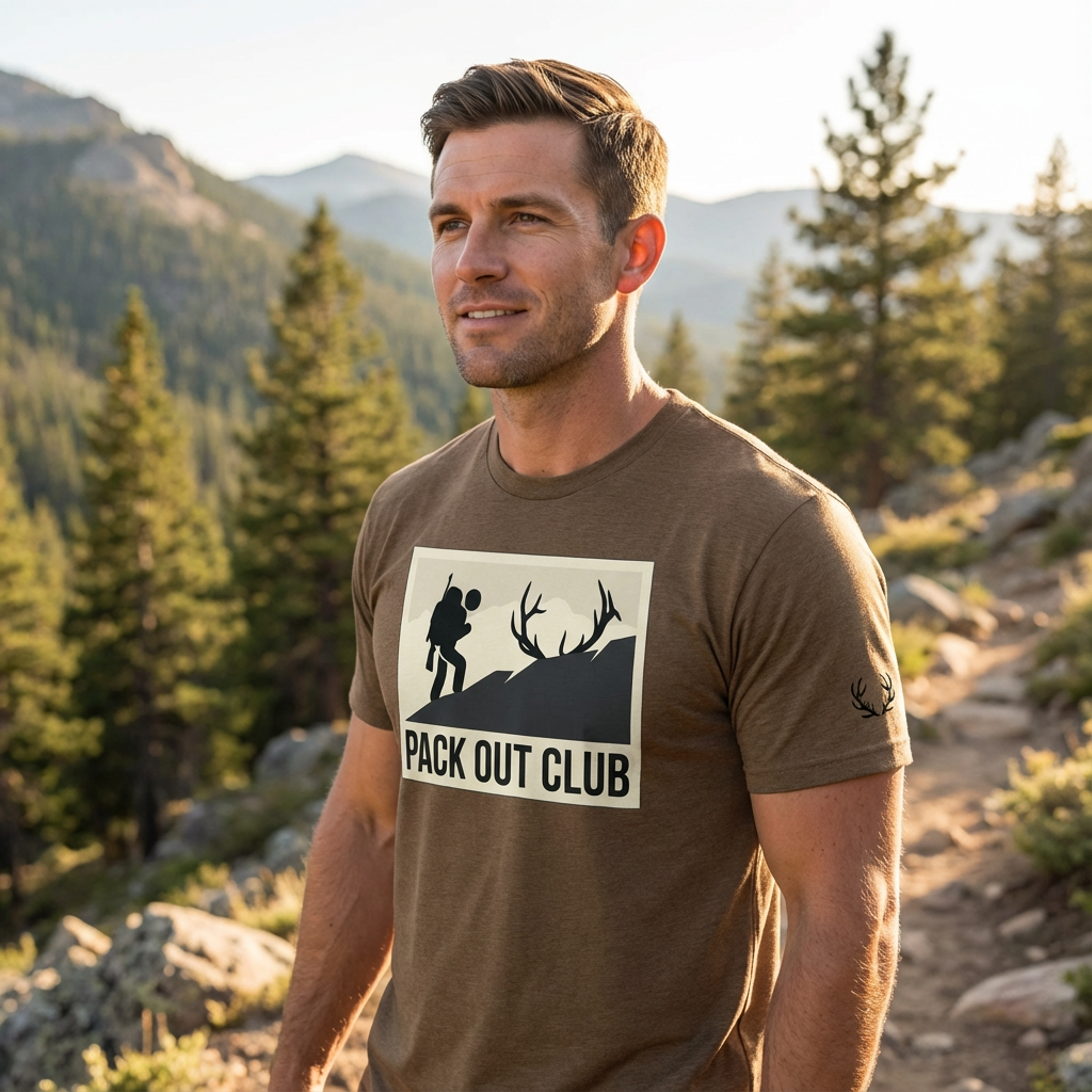 Man outdoors wearing the Men's Pack Out Club Tee in Heather Brown side view showing the Fearless Harbor antler sleeve emblem