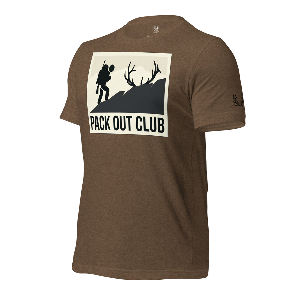 Side view of the Men's Pack Out Club Tee in Heather Brown showing the Fearless Harbor antler sleeve emblem