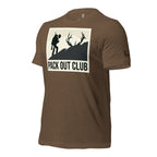 Side view of the Men's Pack Out Club Tee in Heather Brown showing the Fearless Harbor antler sleeve emblem