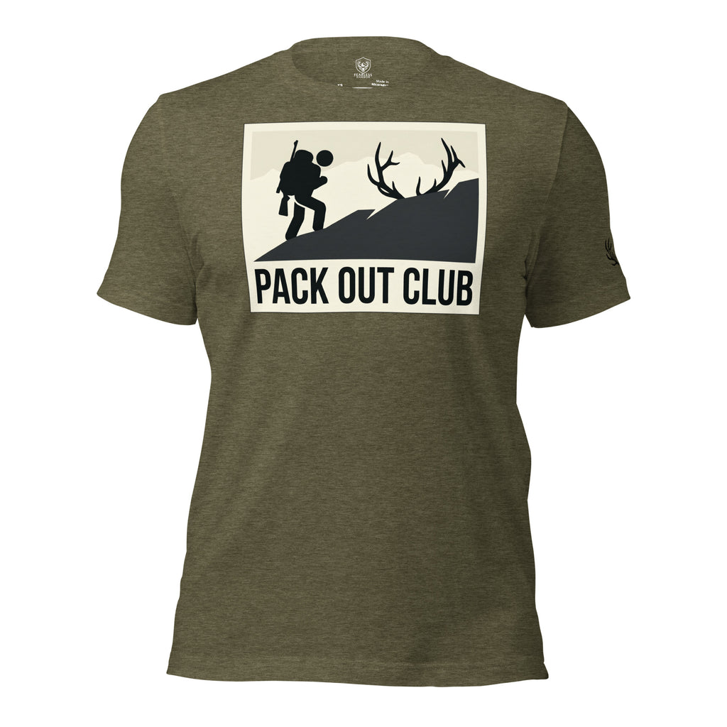 Front view of the Men's Pack Out Club Tee in Heather Olive with pack out hiker graphic reflecting western elk pack out work