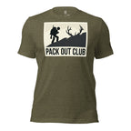Front view of the Men's Pack Out Club Tee in Heather Olive with pack out hiker graphic reflecting western elk pack out work