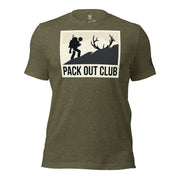Front view of the Men's Pack Out Club Tee in Heather Olive with pack out hiker graphic reflecting western elk pack out work