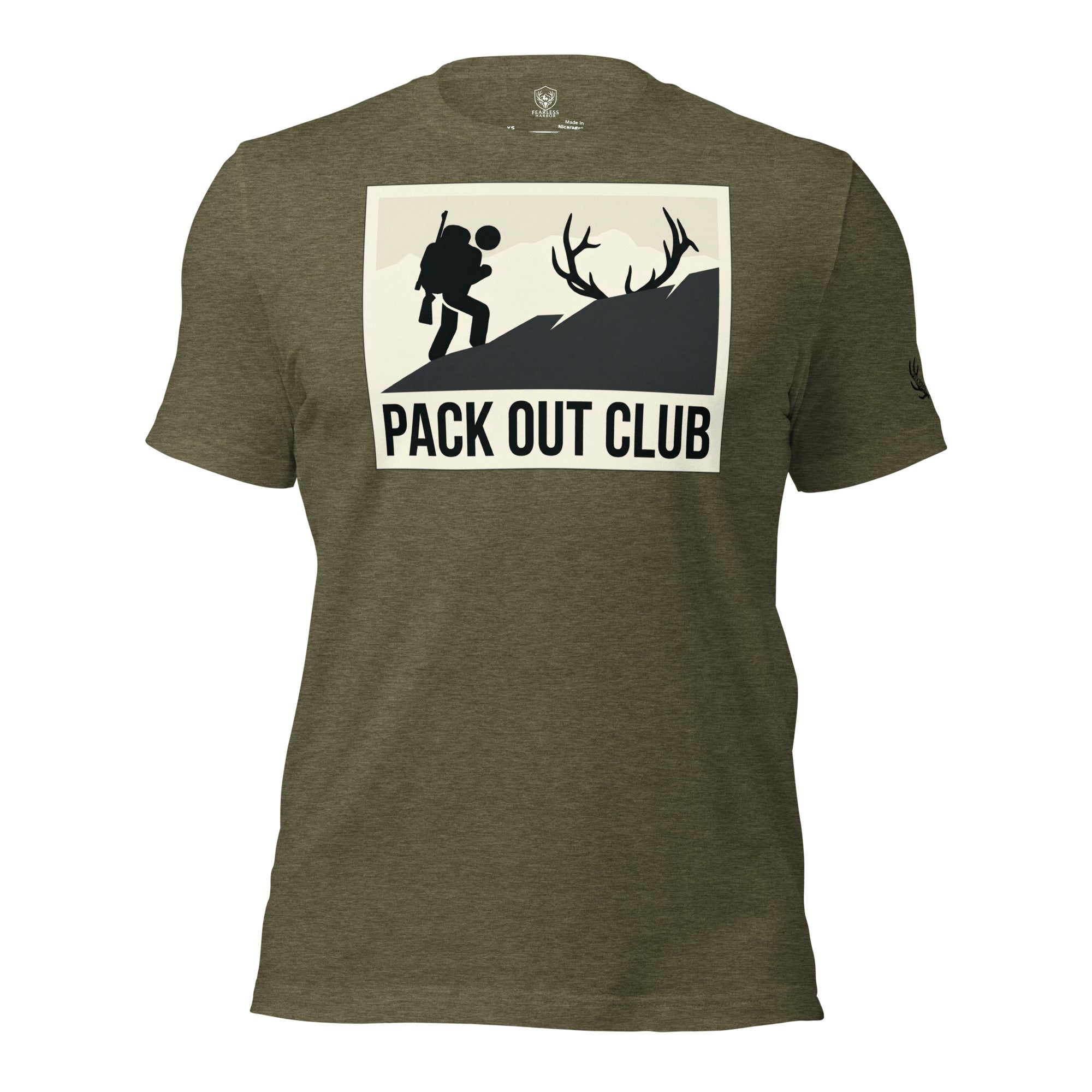 Front view of the Men's Pack Out Club Tee in Heather Olive with pack out hiker graphic reflecting western elk pack out work