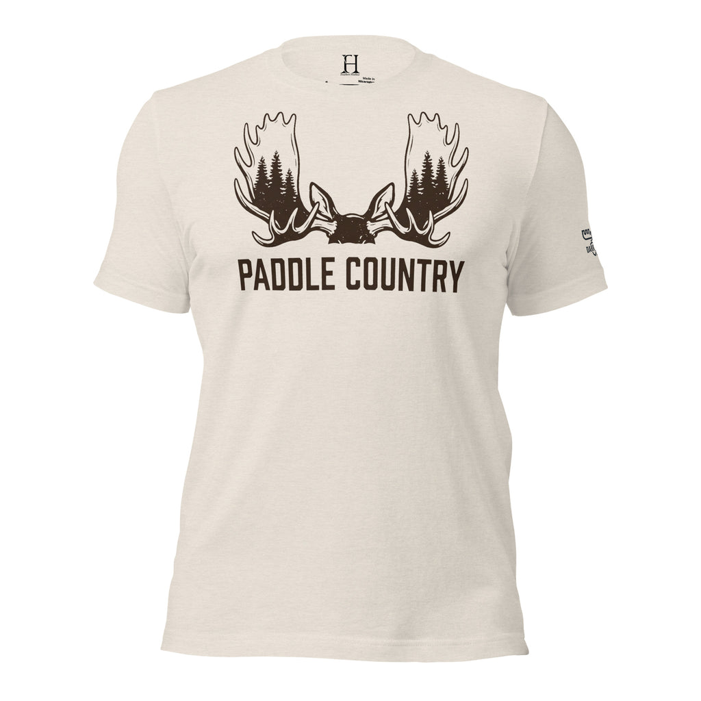 Front view of the Men's Paddle Country Moose Tee in Heather Dust with paddle antler timber graphic