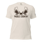 Front view of the Men's Paddle Country Moose Tee in Heather Dust with paddle antler timber graphic