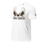 Side view of the Men's Paddle Country Moose Tee in White showing the Dark Timber arm emblem