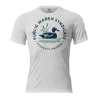 White fleck Public Marsh Syndicate duck hunting tee with waterfowl chest logo