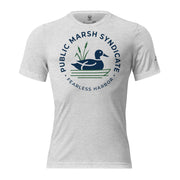 White fleck Public Marsh Syndicate duck hunting tee with waterfowl chest logo