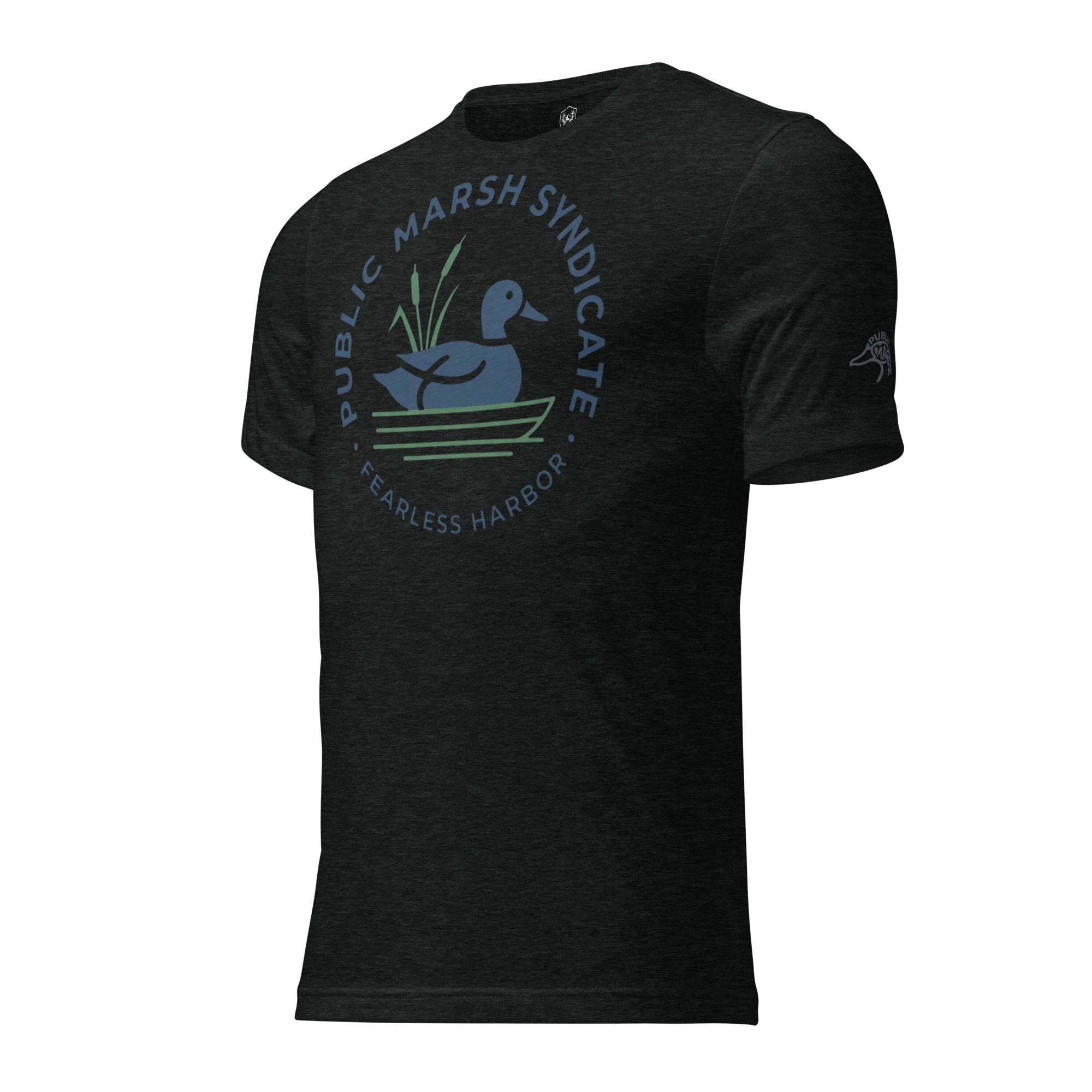Men's Public Marsh Syndicate Tee in Charcoal Black Triblend with duck and cattail circle badge graphic on the left sleeve.