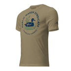 Men's Public Marsh Syndicate Tee in Charcoal Black Triblend with duck and cattail circle badge graphic on the left sleeve.