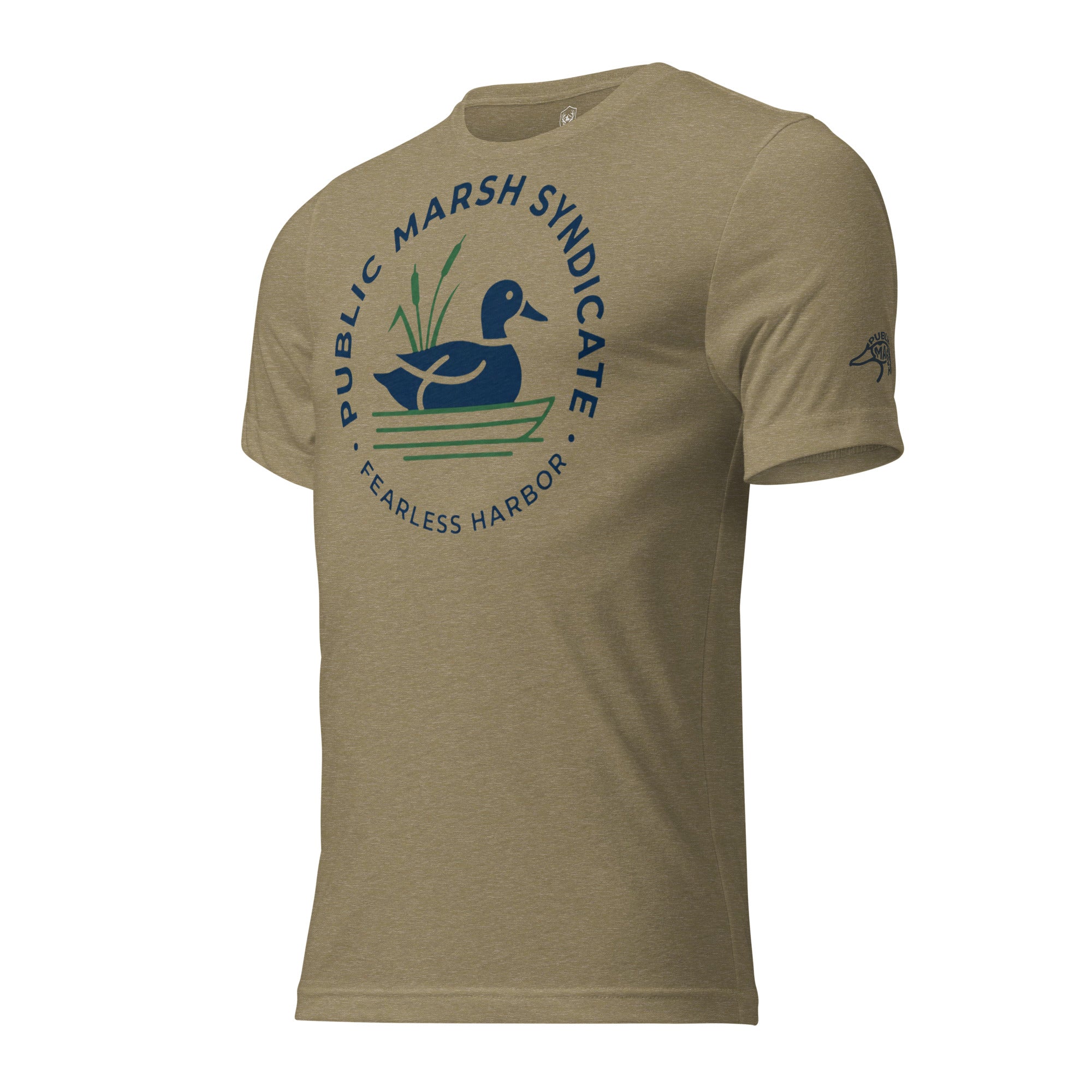 Men's Public Marsh Syndicate Tee in Charcoal Black Triblend with duck and cattail circle badge graphic on the left sleeve.