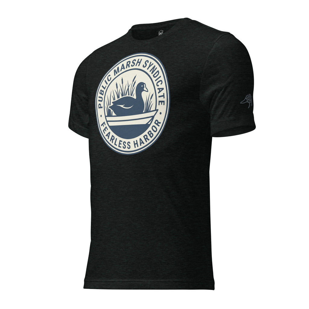 Charcoal black Public Marsh Syndicate waterfowl tee showing coot sleeve emblem for public land hunters