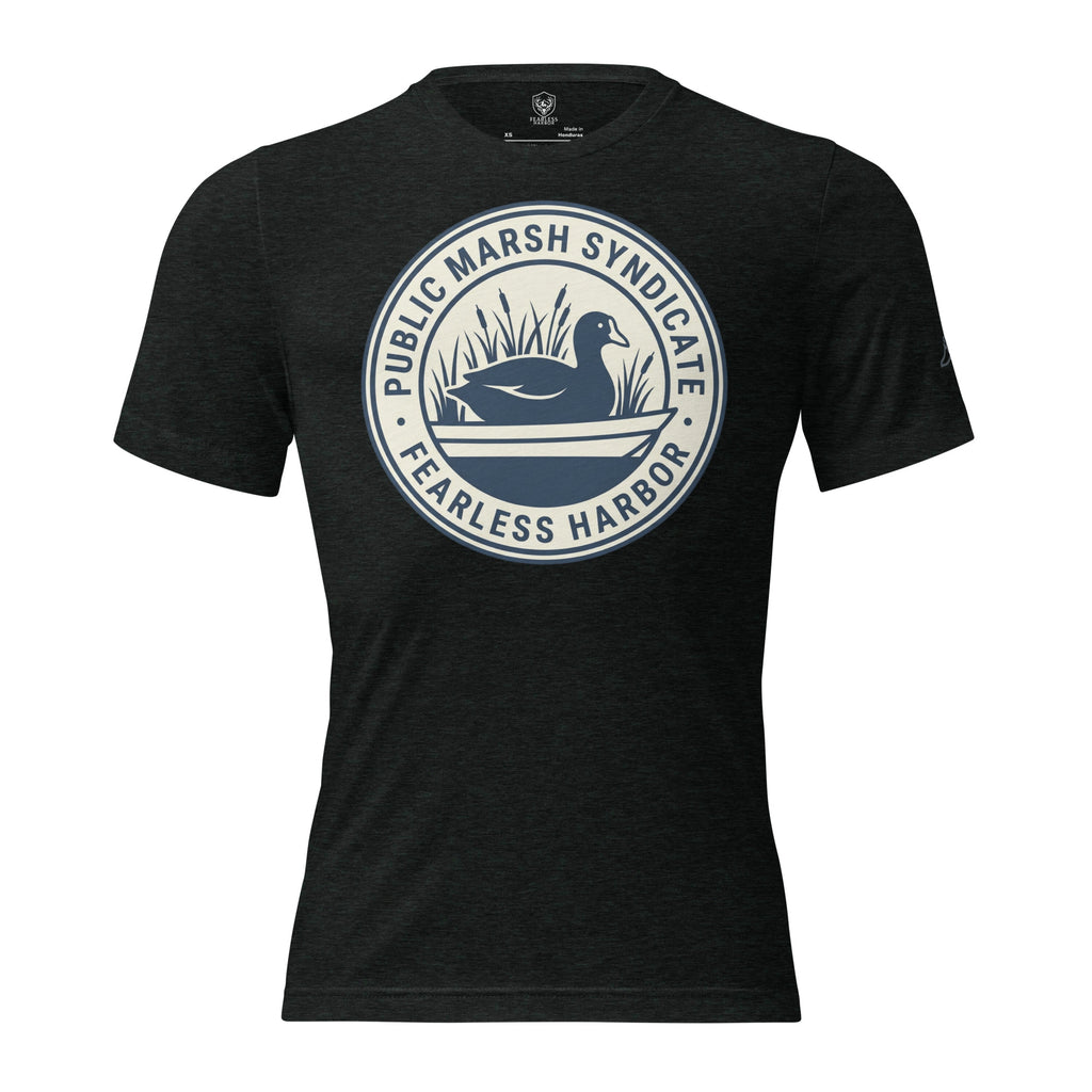 Charcoal black Public Marsh Syndicate waterfowl tee showing full coot marsh emblem on the back