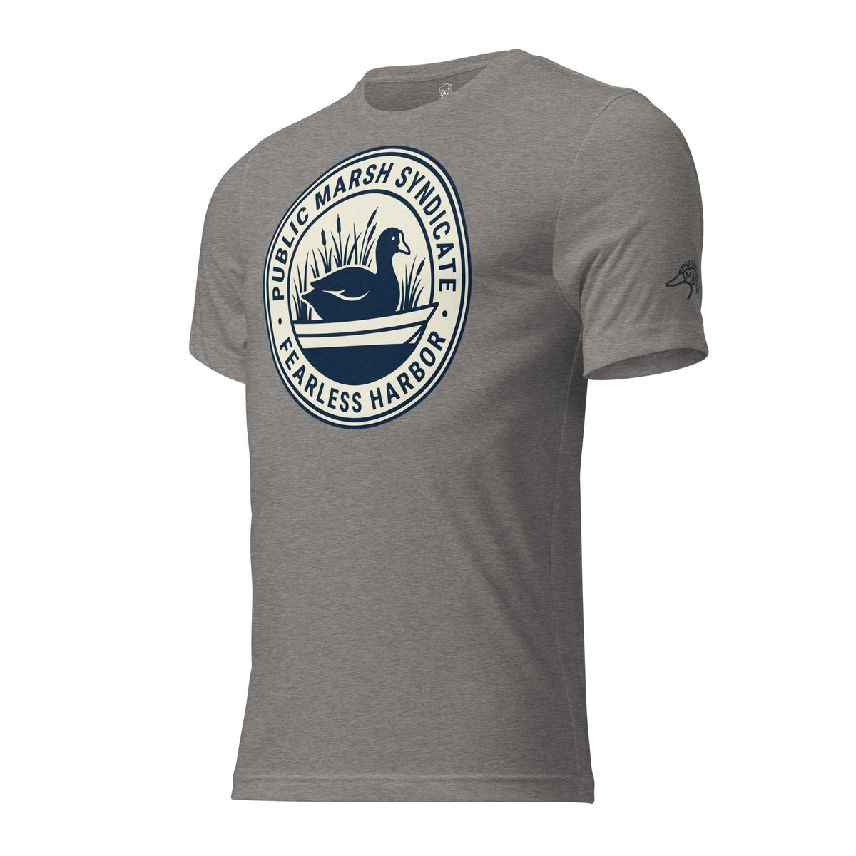 Grey triblend Public Marsh Syndicate waterfowl tee showing duck hunting sleeve logo for public marsh hunters
