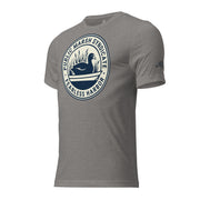 Grey triblend Public Marsh Syndicate waterfowl tee showing duck hunting sleeve logo for public marsh hunters