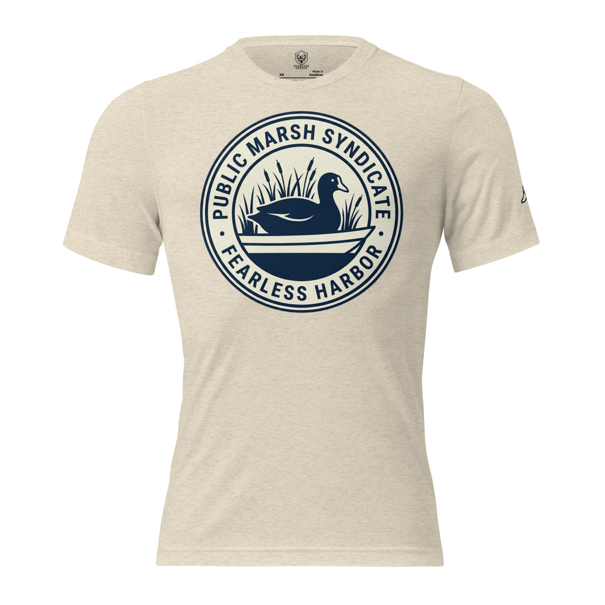 Oatmeal triblend Public Marsh Syndicate waterfowl tee with coot marsh chest emblem