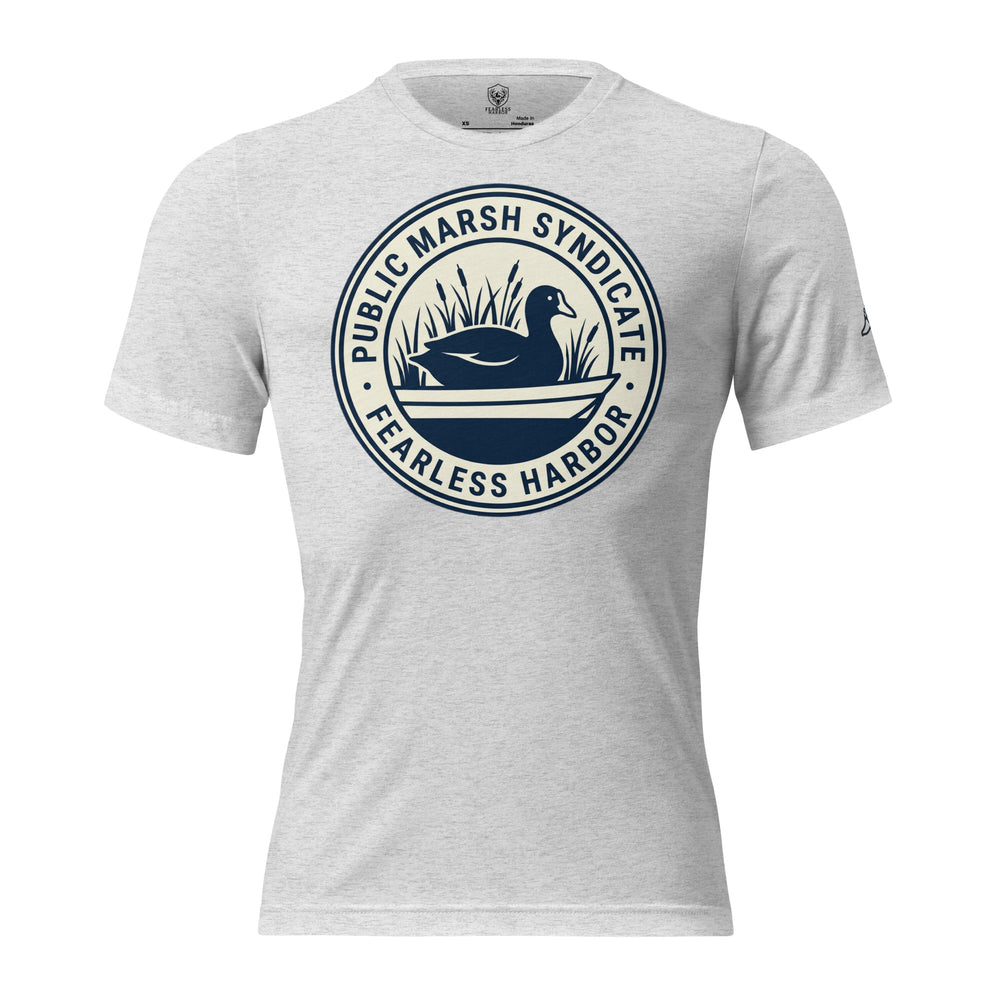 White fleck Public Marsh Syndicate waterfowl tee with small coot chest logo