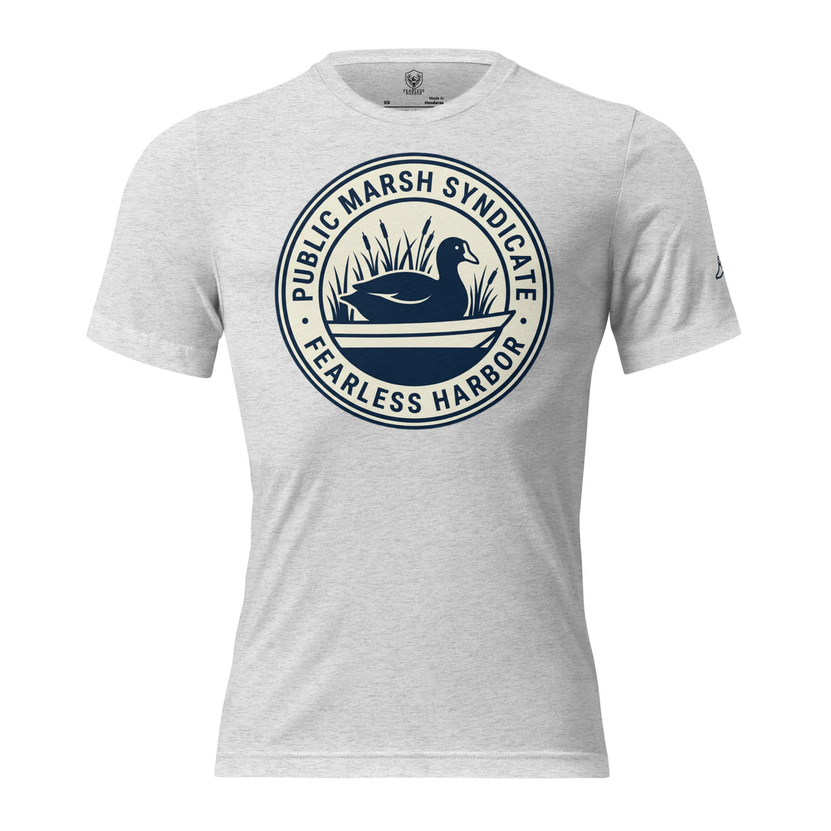 White fleck Public Marsh Syndicate waterfowl tee with small coot chest logo