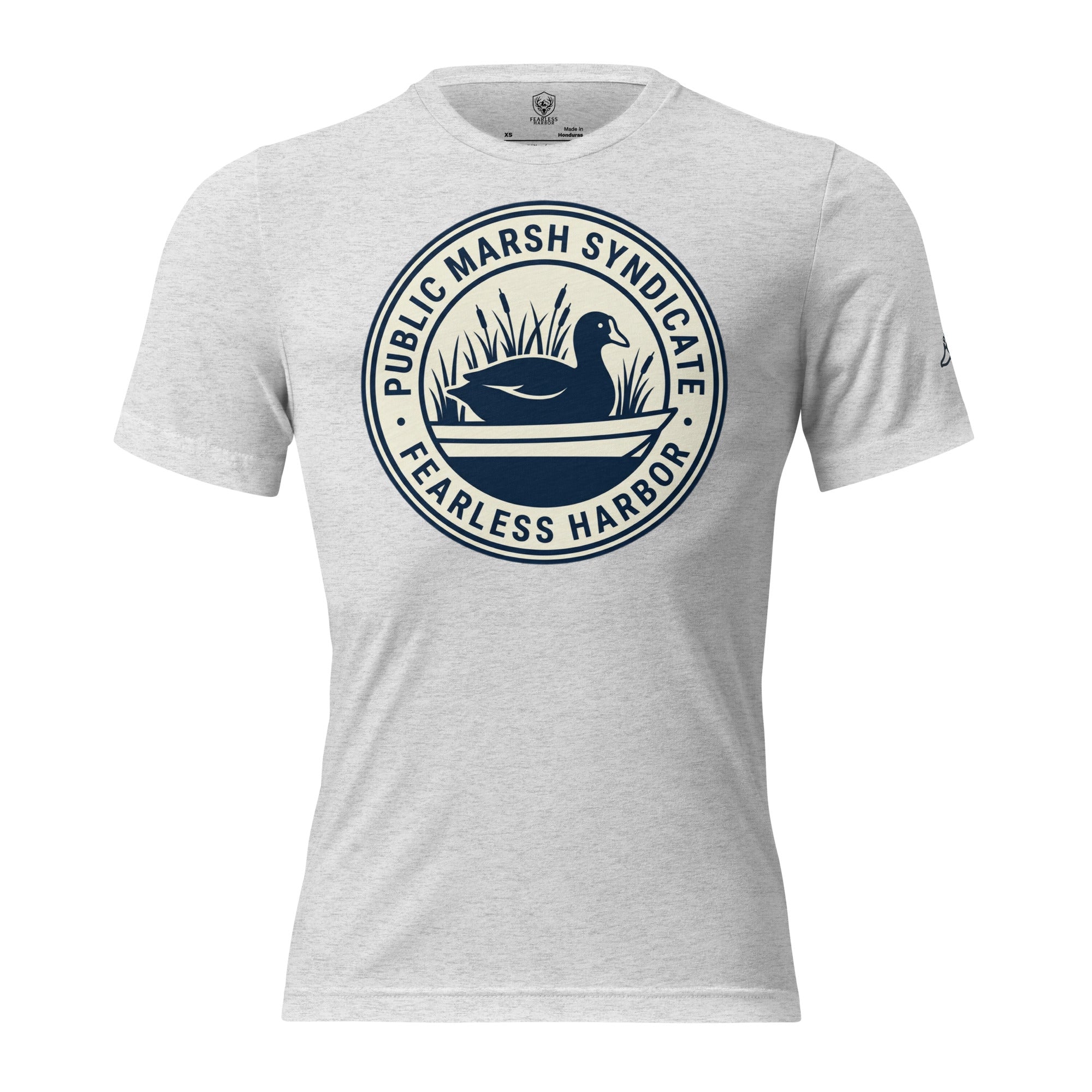 White fleck Public Marsh Syndicate waterfowl tee with small coot chest logo
