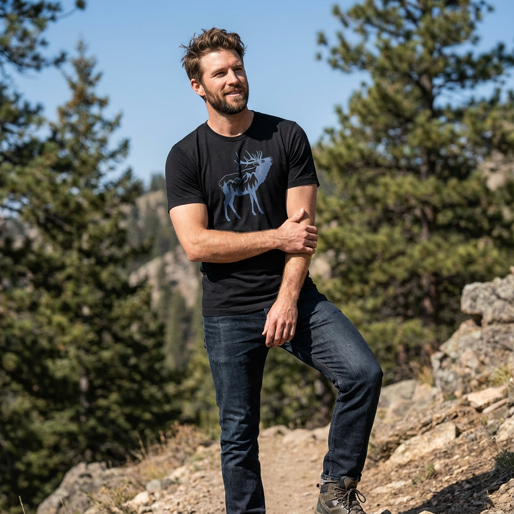 Man outdoors wearing the Men's Ridge Bugle Elk Triblend Tee in Solid Black Heather front view showing the bugling elk ridge graphic