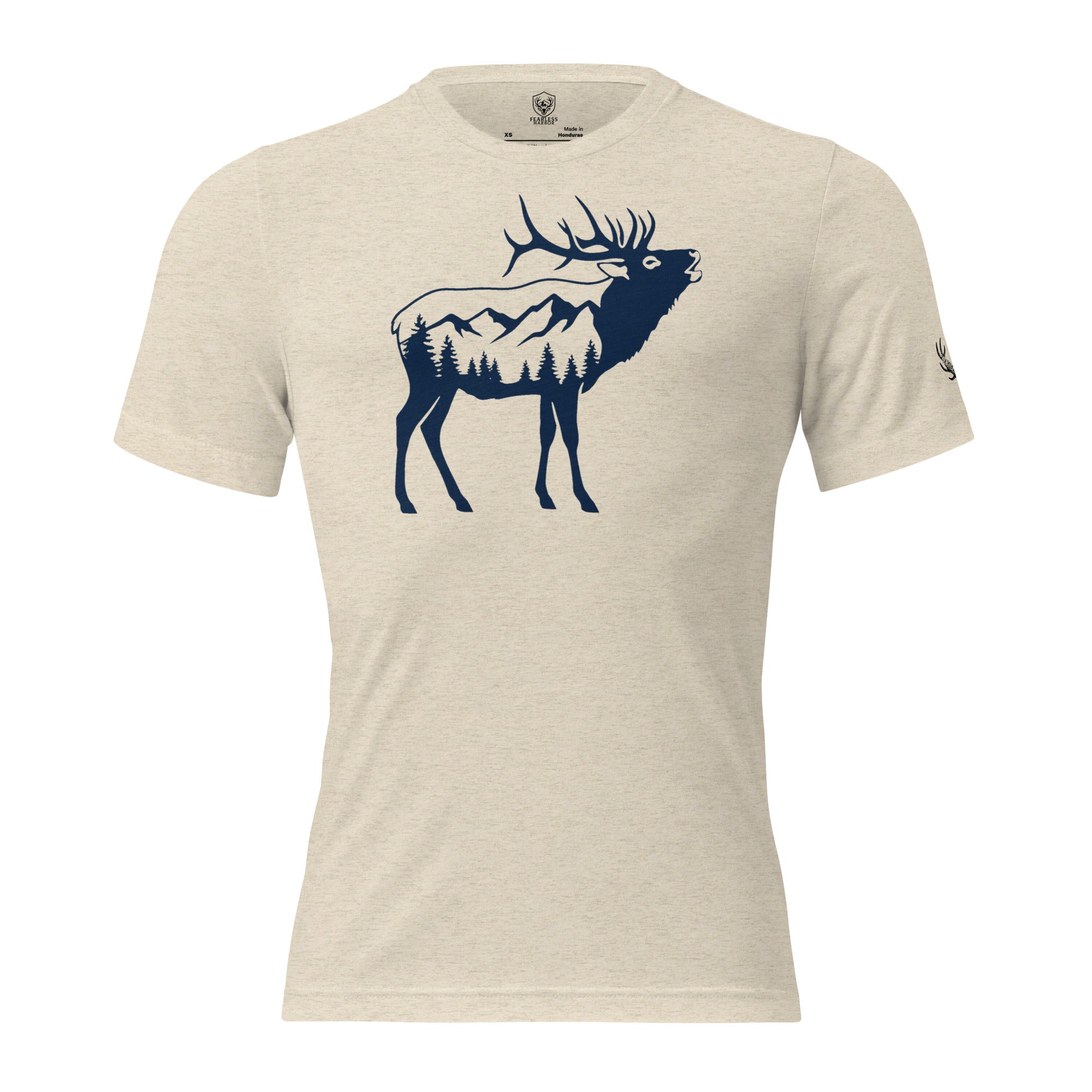 Front view of the Men's Ridge Bugle Elk Triblend Tee in Oatmeal Triblend with bugling bull elk graphic and mountain silhouette