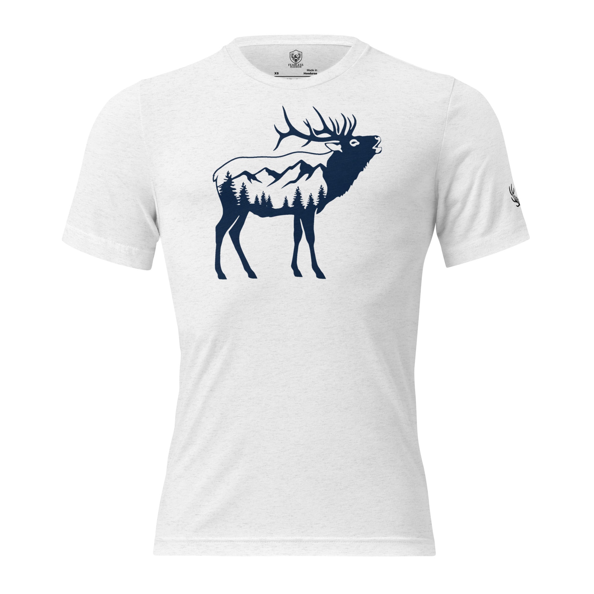 Front view of the Men's Ridge Bugle Elk Triblend Tee in Solid White Triblend featuring the bugling elk ridge graphic