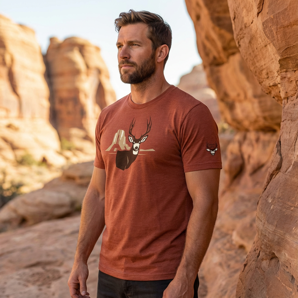Man outdoors wearing the Men's Rimrock Mule Deer Tee in Clay Triblend with the High Desert Rack mule deer emblem on the left front sleeve