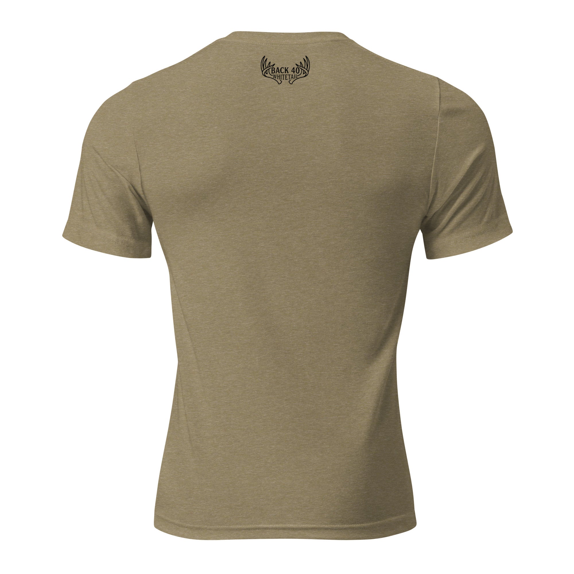Back view of the Men’s Scrape Circle Whitetail Triblend Tee in Olive with subtle Fearless Harbor neck emblem