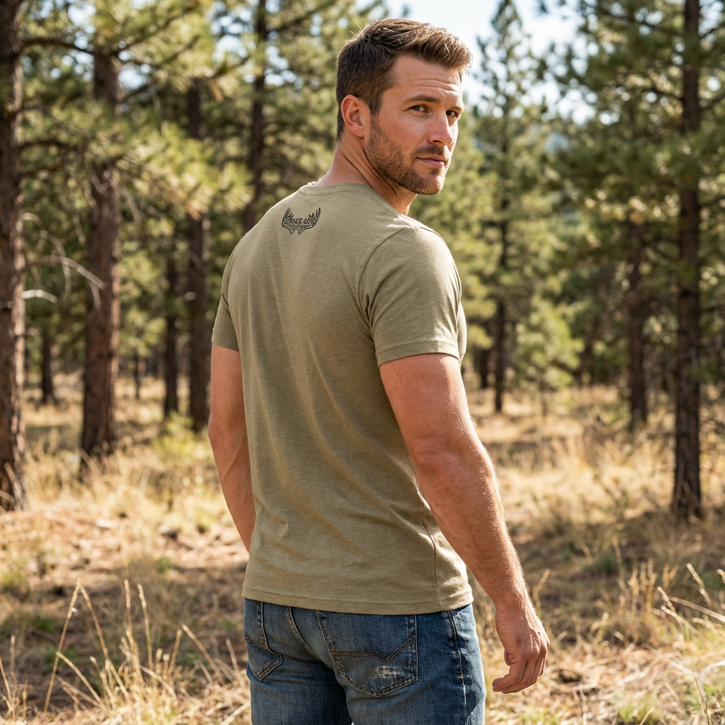 Man outdoors wearing the Men’s Scrape Circle Whitetail Triblend Tee in Olive — back view with subtle Fearless Harbor neck emblem in a field-and-woods backdrop