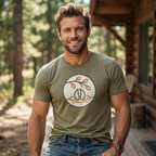 Man outdoors wearing the Men’s Scrape Circle Whitetail Triblend Tee in Olive — front view showing the scrape circle graphic in a natural cabin-and-woods setting