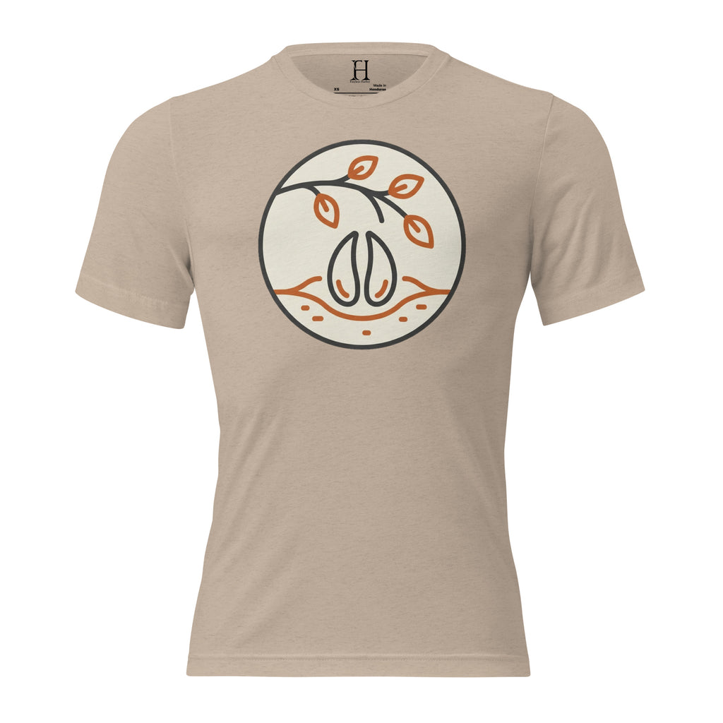 Front view of the Men’s Scrape Circle Whitetail Triblend Tee in Tan featuring the scrape circle design