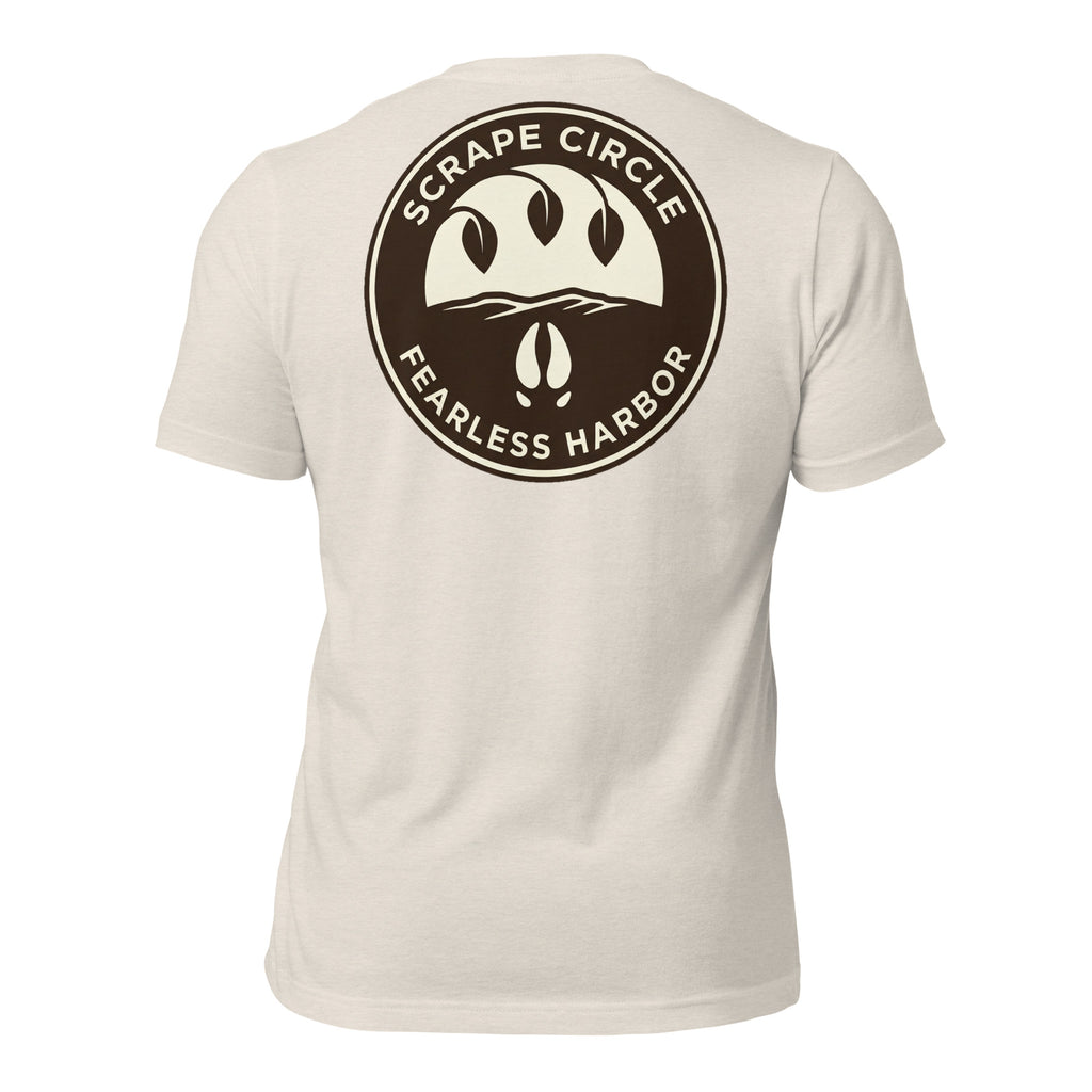 Back view of the Men's Scrape Circle Whitetail Staple Tee in Heather Dust featuring the full Scrape Circle graphic