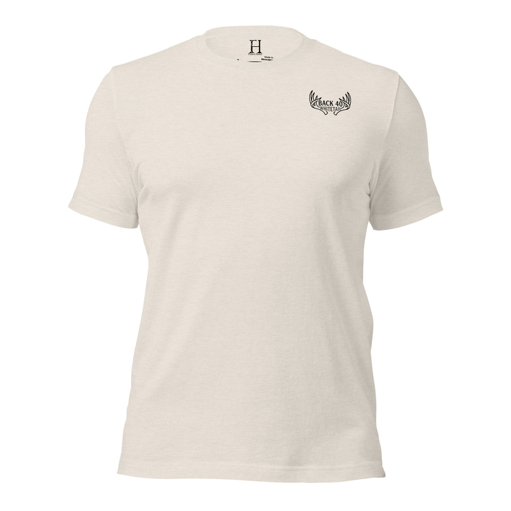 Front view of the Men's Scrape Circle Whitetail Staple Tee in Heather Dust with Fearless Harbor chest emblem