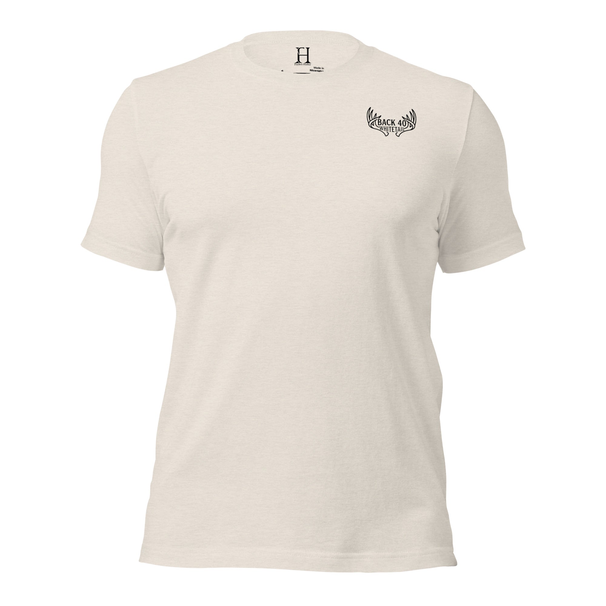 Front view of the Men's Scrape Circle Whitetail Staple Tee in Heather Dust with Fearless Harbor chest emblem