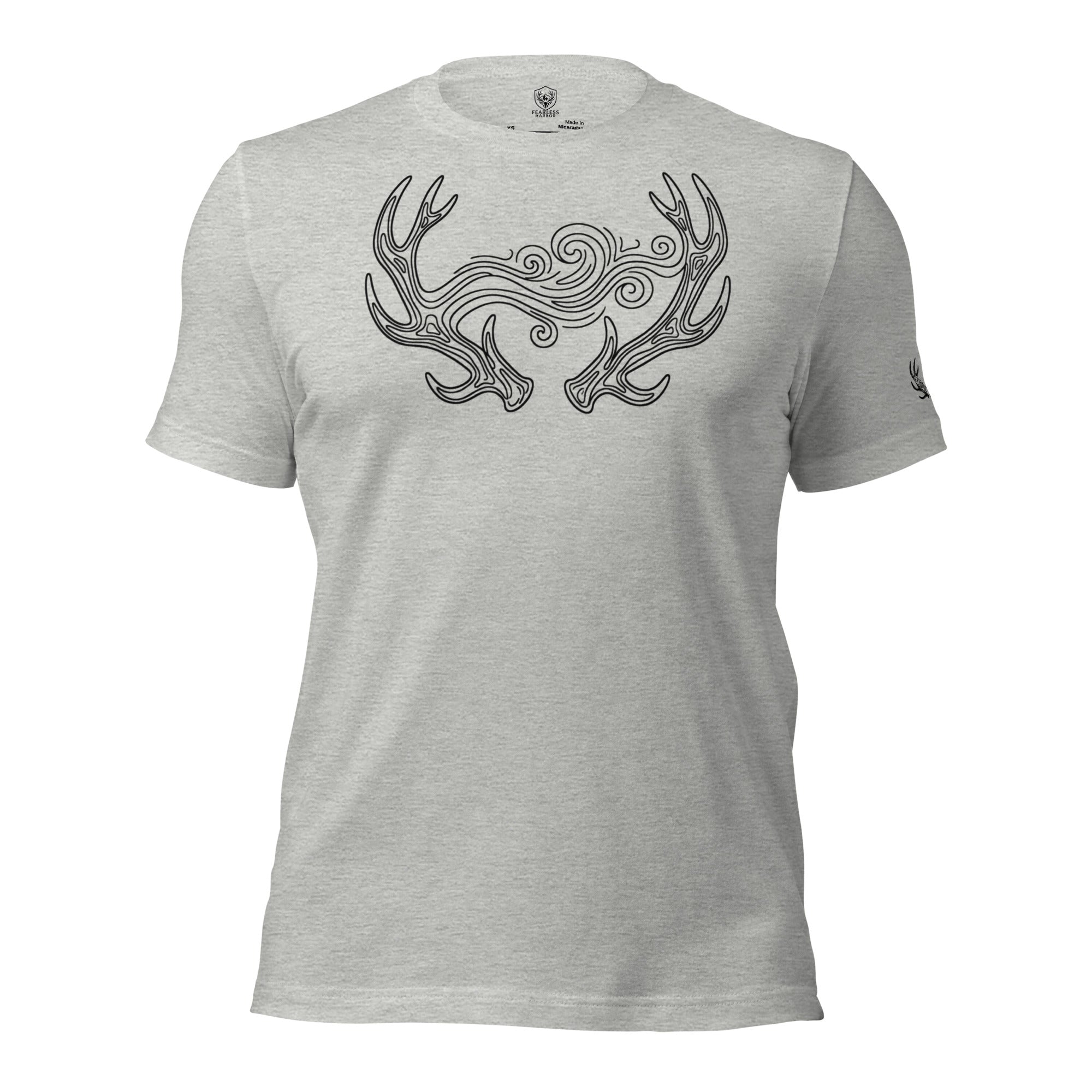 Front view of the Men's September Lines Elk Antler Tee in Athletic Heather with stylized elk antler and September wind line graphic