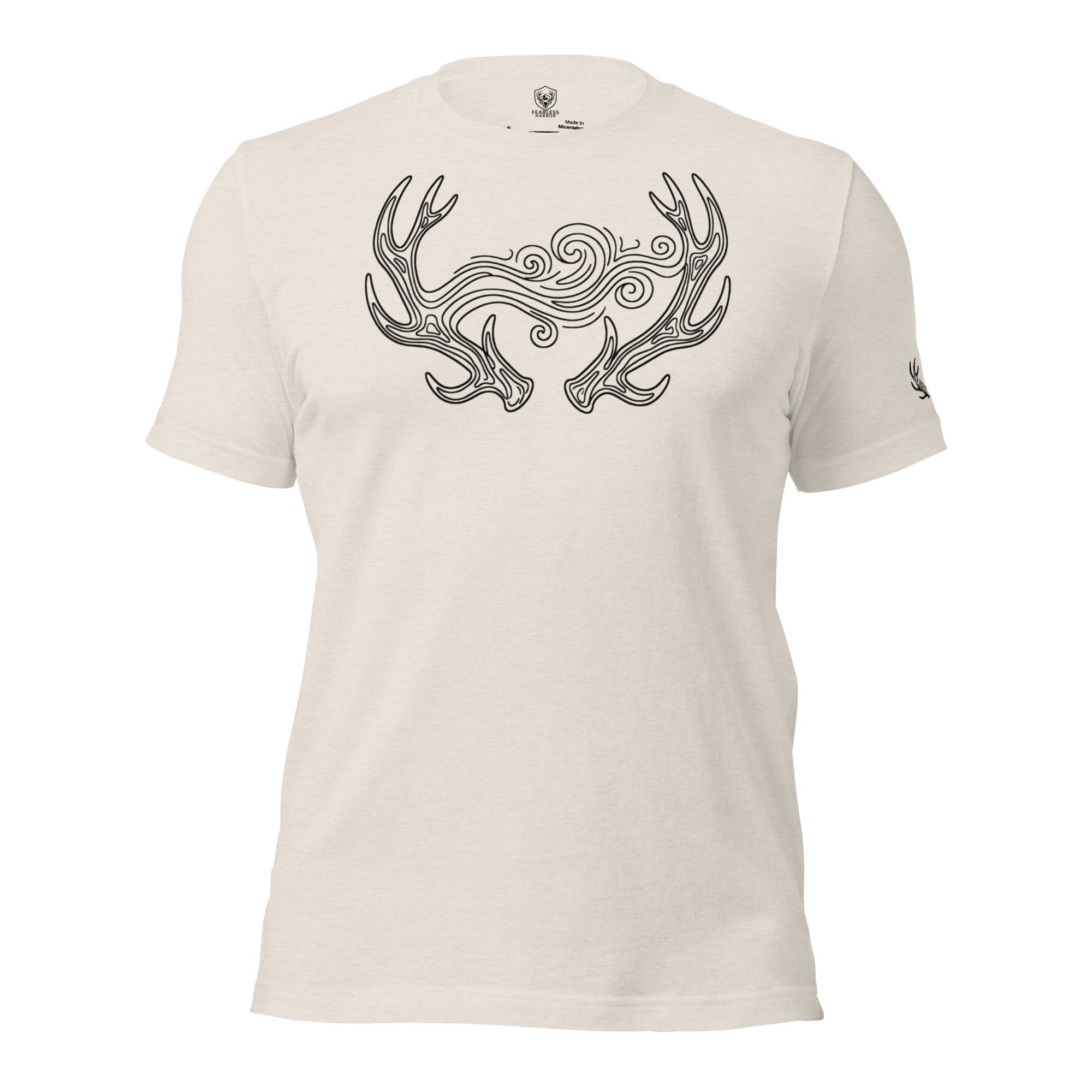 Front view of the Men's September Lines Elk Antler Tee in Heather Dust featuring the stylized elk antler with early season wind line design