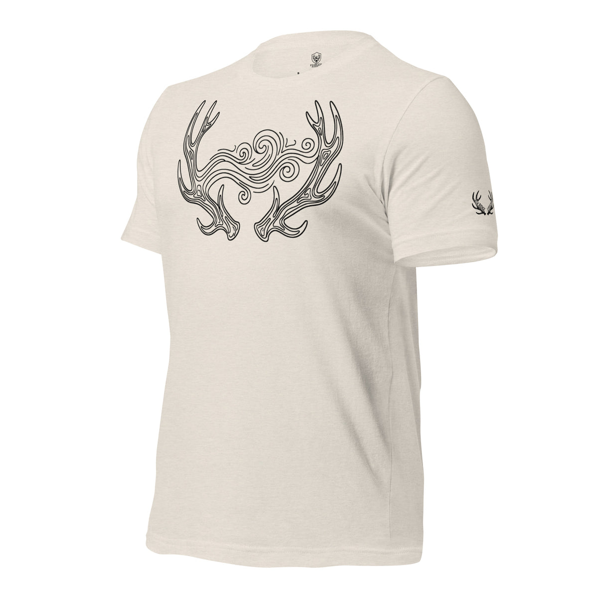 Side view of the Men's September Lines Elk Antler Tee in Heather Dust showing the Fearless Harbor antler sleeve emblem