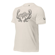 Side view of the Men's September Lines Elk Antler Tee in Heather Dust showing the Fearless Harbor antler sleeve emblem