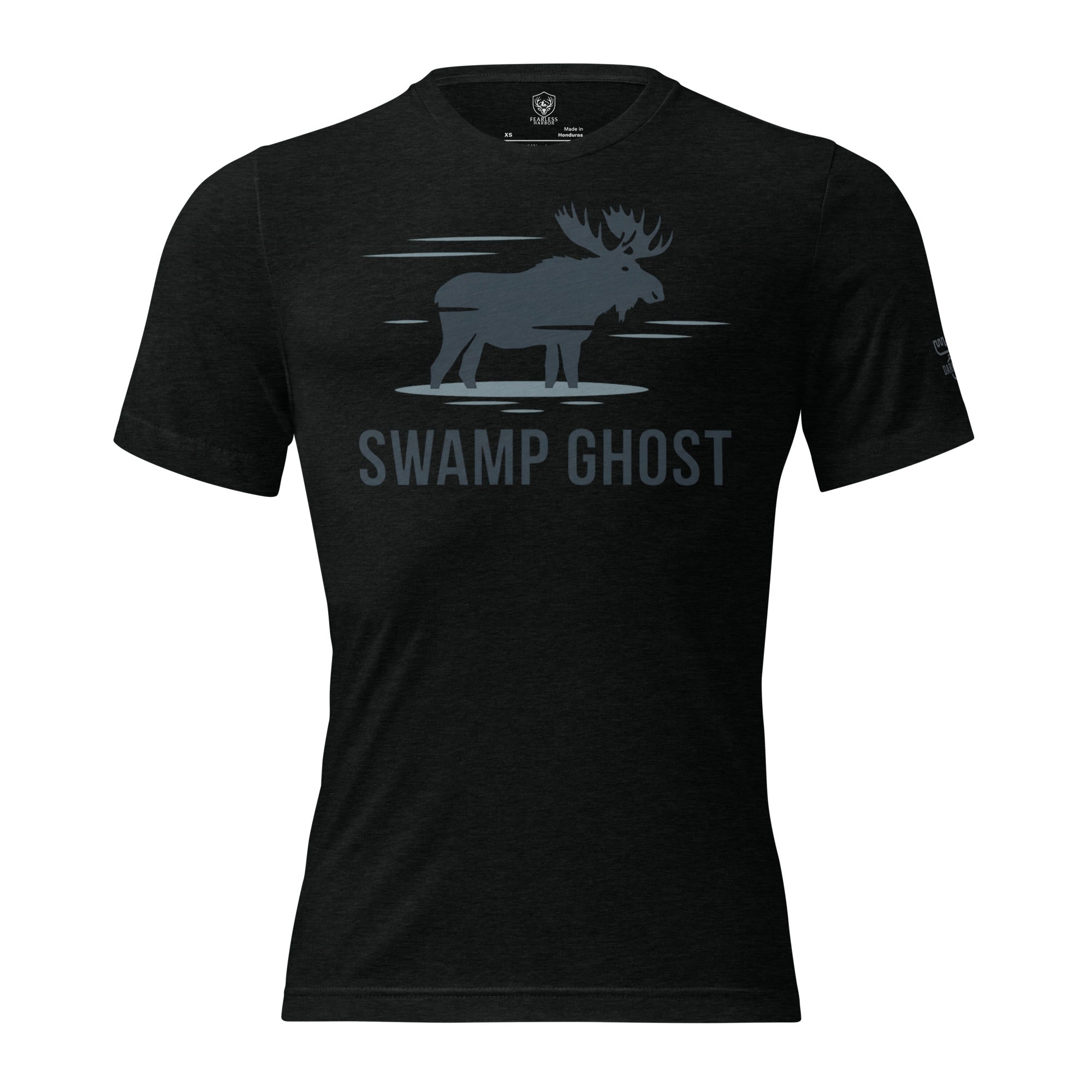 Front view of the Men's Swamp Ghost Triblend Tee in Solid Black Triblend with moose silhouette and Swamp Ghost graphic