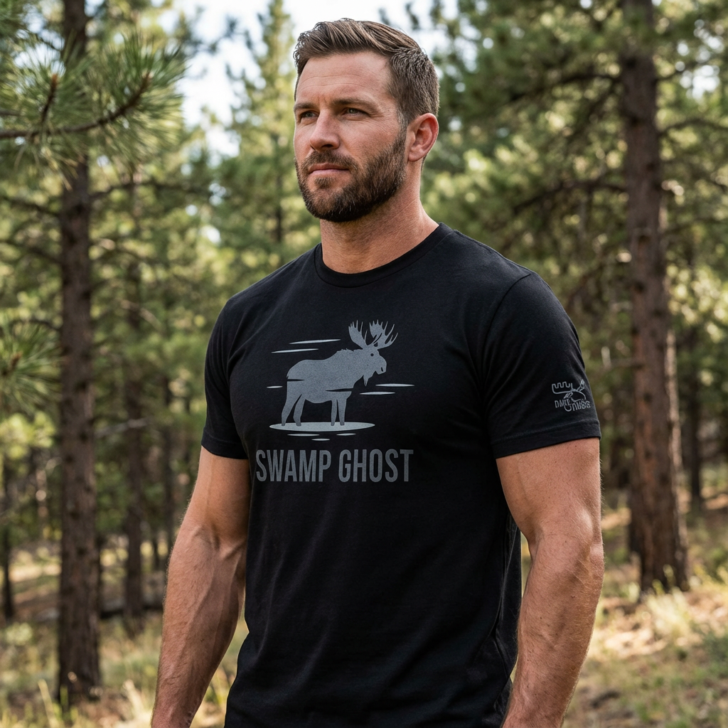 Man outdoors wearing the Men's Swamp Ghost Triblend Tee in Solid Black Triblend side view highlighting the Dark Timber arm emblem