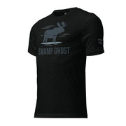 Side view of the Men's Swamp Ghost Triblend Tee in Solid Black Triblend showing the Dark Timber arm emblem