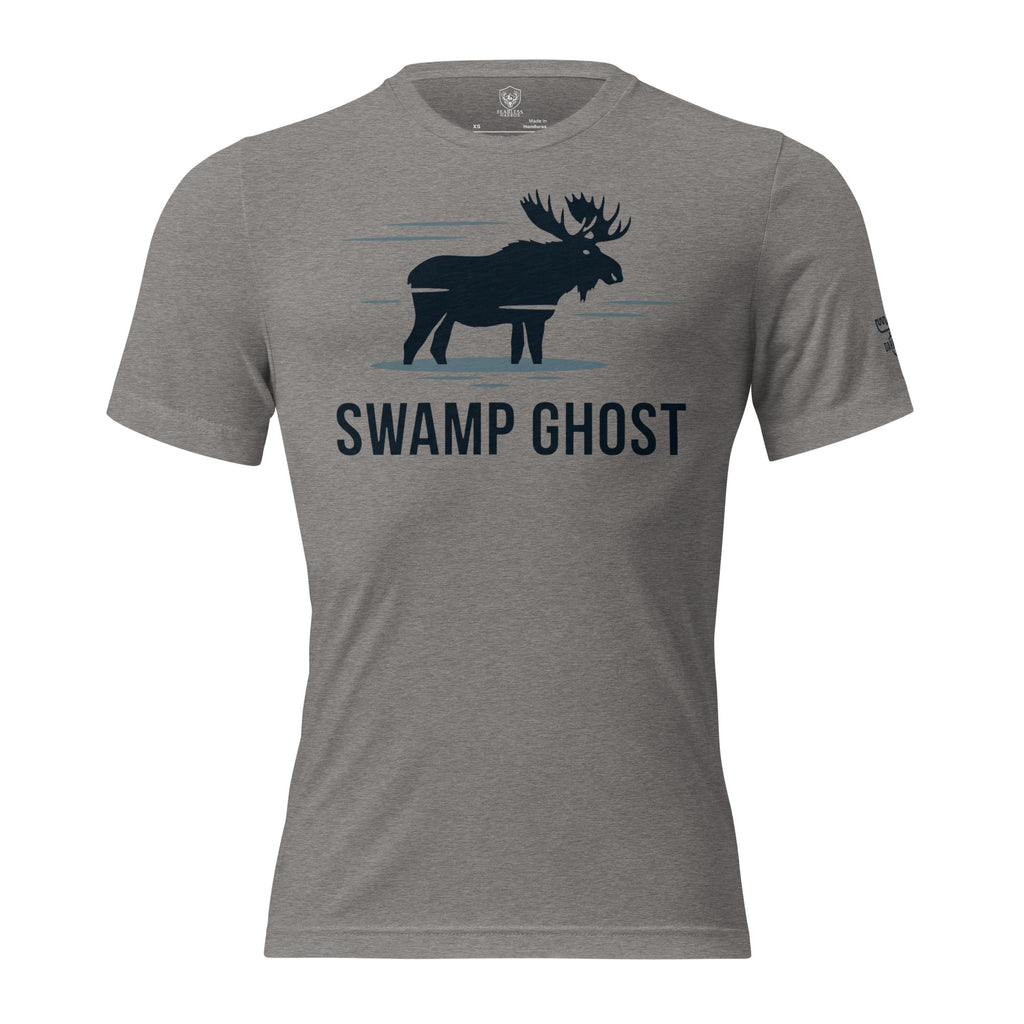 Front view of the Men's Swamp Ghost Triblend Tee in Grey Triblend with moose silhouette and Swamp Ghost graphic