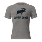 Front view of the Men's Swamp Ghost Triblend Tee in Grey Triblend with moose silhouette and Swamp Ghost graphic