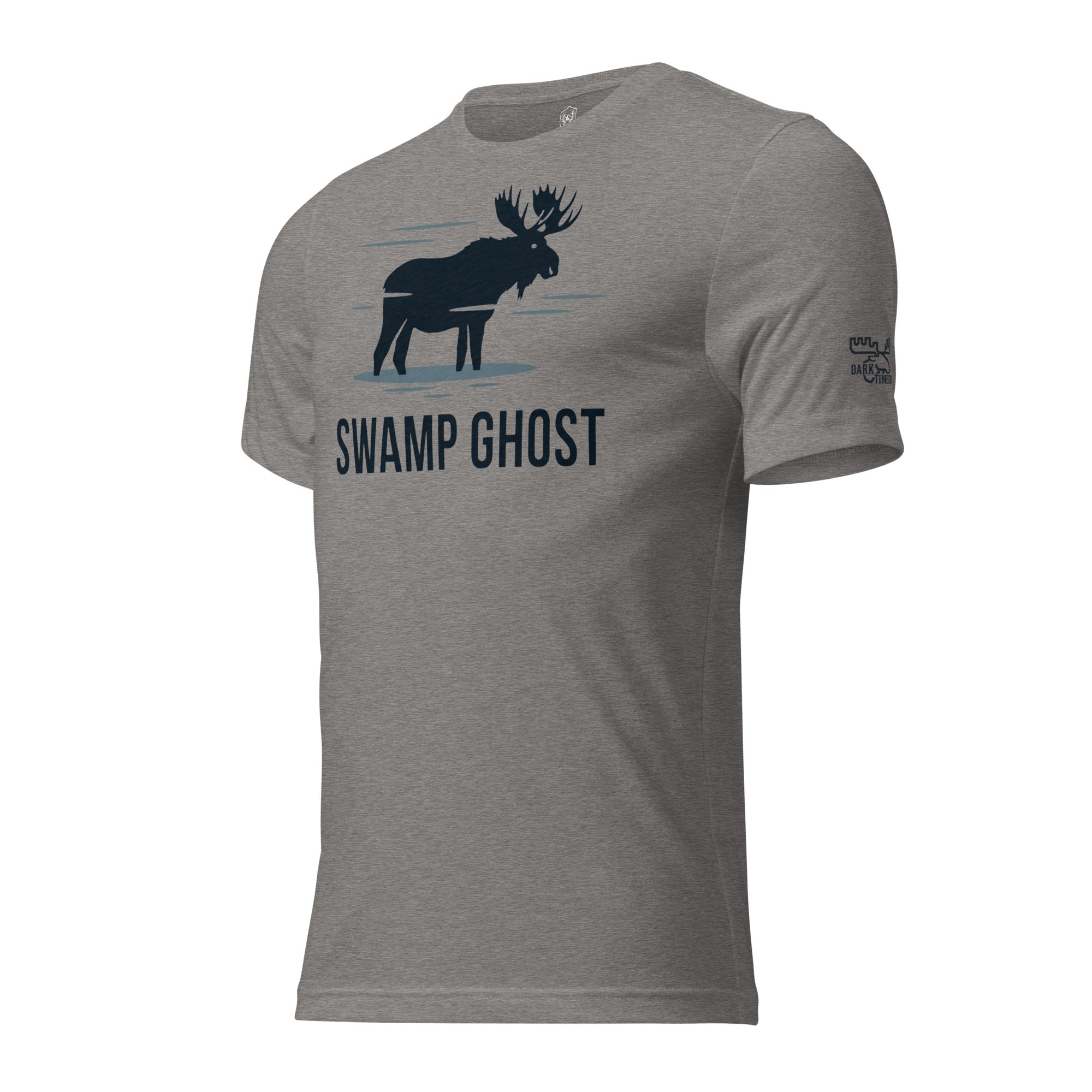 Side view of the Men's Swamp Ghost Triblend Tee in Grey Triblend featuring the Dark Timber arm emblem