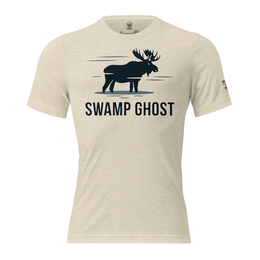 Front view of the Men's Swamp Ghost Triblend Tee in Oatmeal Triblend with Swamp Ghost moose graphic