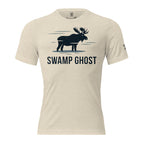 Front view of the Men's Swamp Ghost Triblend Tee in Oatmeal Triblend with Swamp Ghost moose graphic